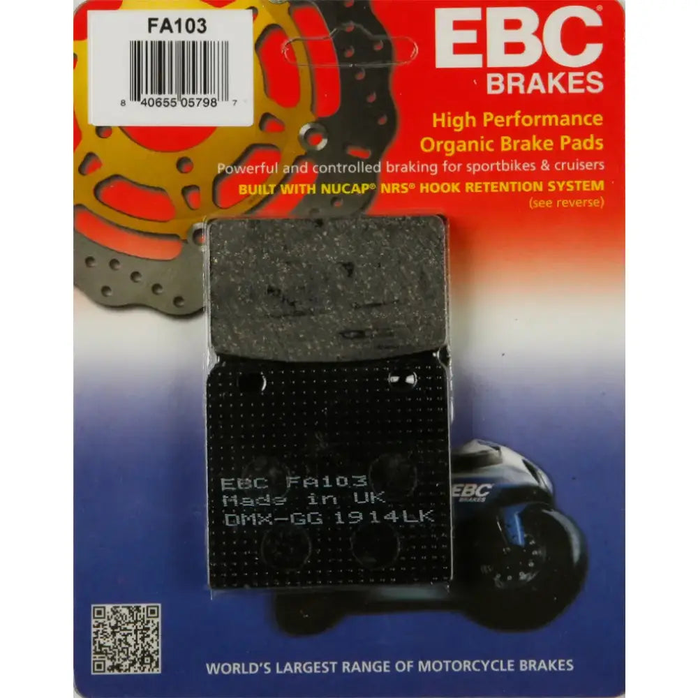 EBC Brakes FA103 High Performance Organic Brake Pads for Sportbikes and Cruisers
