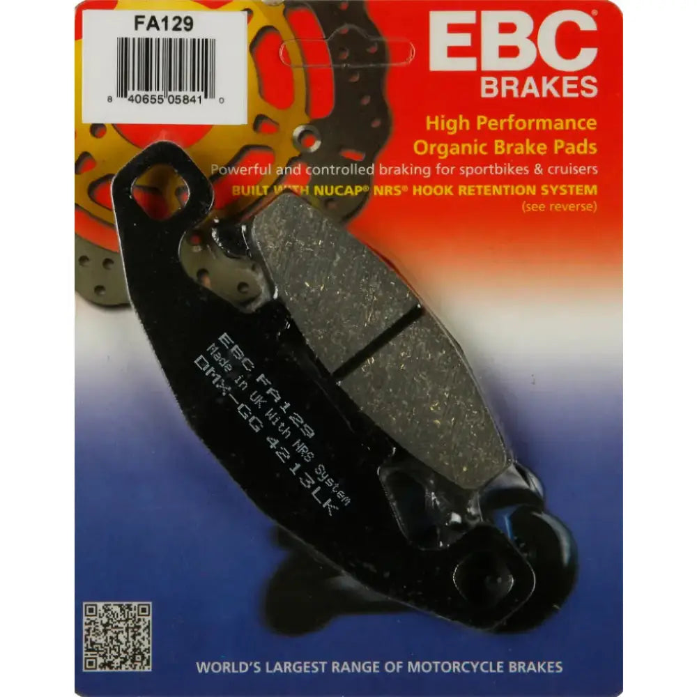EBC Brakes FA129 High Performance Organic Brake Pads with Nucap NRS Hook Retention System for Sportbikes and Cruisers