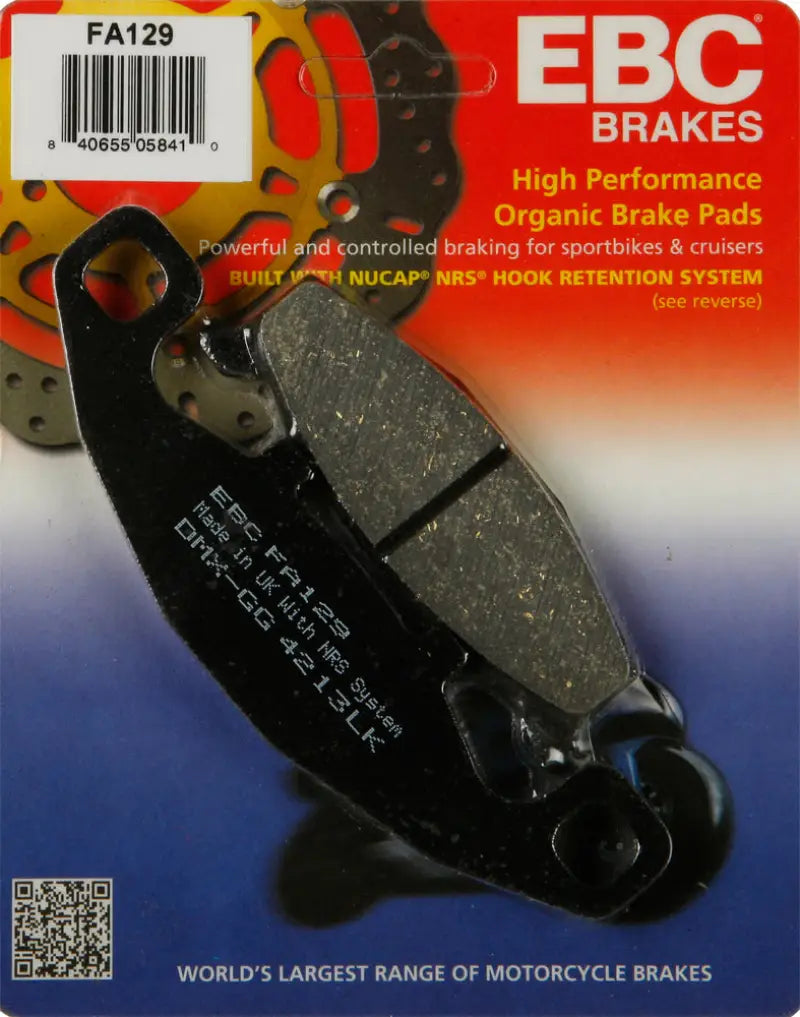 EBC Brakes FA129 High Performance Organic Brake Pads with Nucap NRS Hook Retention System for Sportbikes and Cruisers
