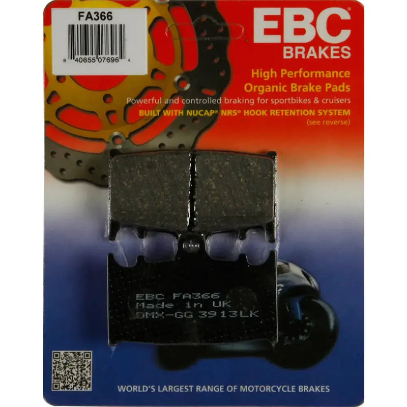"FA366 Brake Pads by EBC, high-performance organic brake pads for sportbikes and cruisers, featuring NUCAP NRS hook retention system, ideal for RV, automotive, powersports, off-road, marine, exterior, truck accessories, interior, truck bed, RV parts, Powersports, AVADA - Best Sellers"