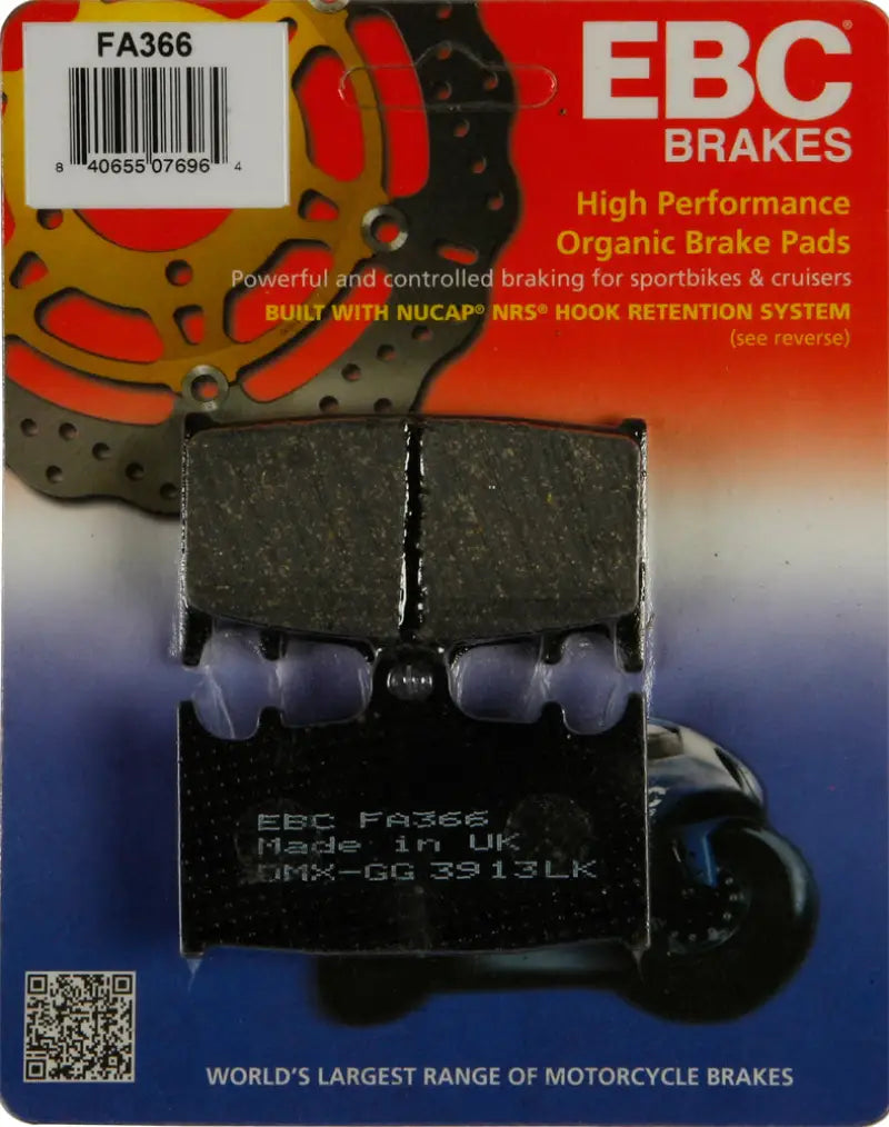 "FA366 Brake Pads by EBC, high-performance organic brake pads for sportbikes and cruisers, featuring NUCAP NRS hook retention system, ideal for RV, automotive, powersports, off-road, marine, exterior, truck accessories, interior, truck bed, RV parts, Powersports, AVADA - Best Sellers"