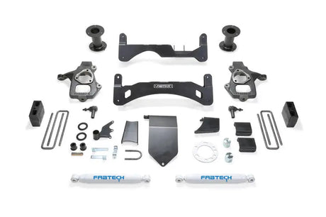 Automotive suspension lift kit components for Fabtech 14-18 GM C/K1500 with minor trimming required and 6in basic system for larger tire size