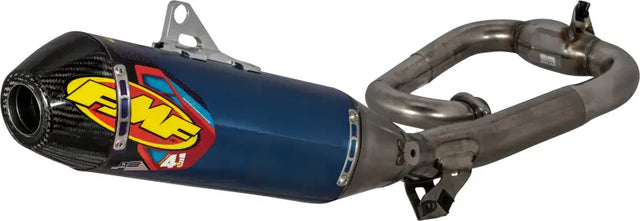 Blue and silver motorcycle exhaust system with cap comp exh and anod finish for Factory 4.1 Rct