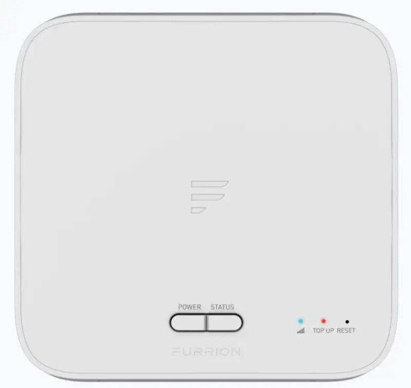 Sleek white Furrion FAN17B87 LTE WiFi router with blue LED power bank