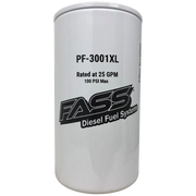 White cylindrical fuel filter from FASS Titanium Series extended length particulate filter