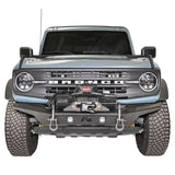Front view of a vehicle showcasing the FB21-B5252-1 Fab Fours Stubby Front Bumper with a rugged design and high-quality construction.