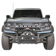 Front view of a vehicle showcasing the FB21-B5252-1 Fab Fours Stubby Front Bumper with a rugged design and high-quality construction.