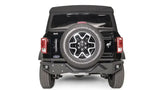 FB21-E5251-1 Fab Fours Vengeance Rear Bumper installed on a black Ford vehicle, showcasing rugged design and high-quality construction for superior rear-end protection and enhanced off-road performance.