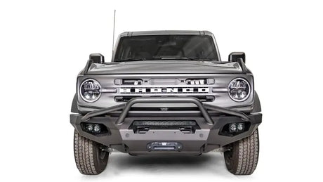 FB21-X5252-1 Fab Fours Matrix Front Bumper installed on a grey Bronco, showcasing its durable construction and sleek, aggressive design.