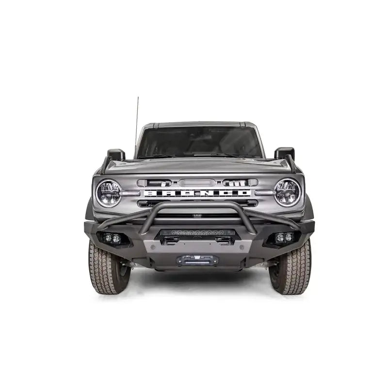 FB21-X5252-1 Fab Fours Matrix Front Bumper installed on a grey Bronco, showcasing its durable construction and sleek, aggressive design.
