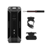 Black rugged portable bluetooth speaker with power bank, wrist strap, and mounts by Furrion LLC