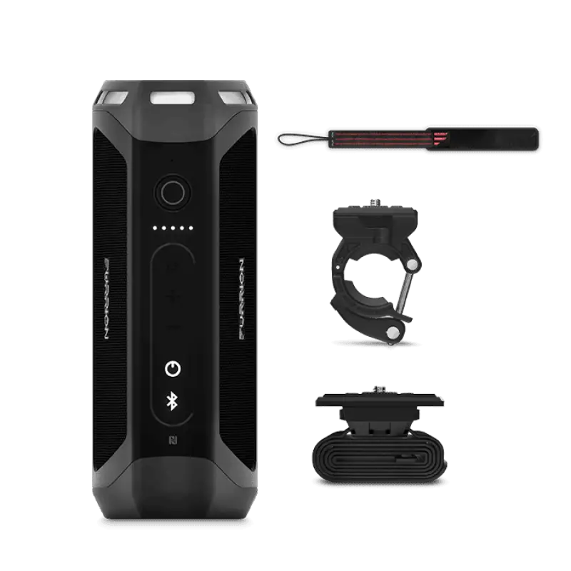 Black rugged portable bluetooth speaker with power bank, wrist strap, and mounts by Furrion LLC