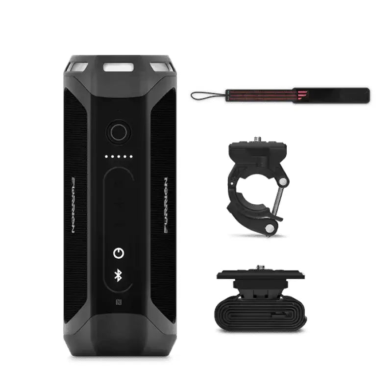 Black rugged portable bluetooth speaker with power bank, wrist strap, and mounts by Furrion LLC
