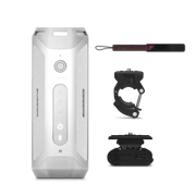 White portable Bluetooth speaker with strap and mounting accessories for easy listening