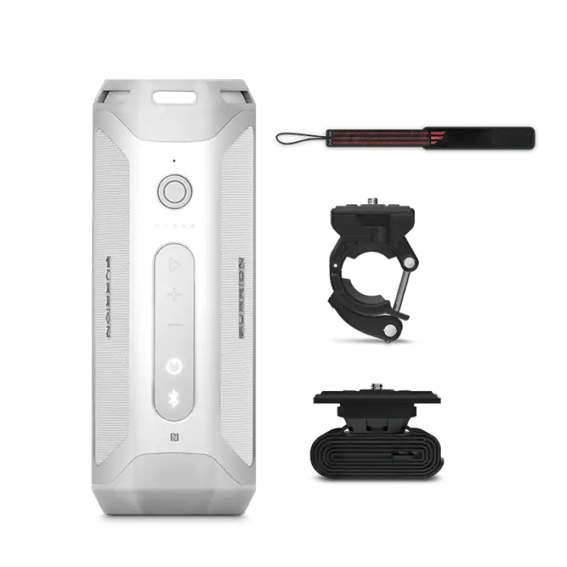 White portable Bluetooth speaker with strap and mounting accessories for easy listening