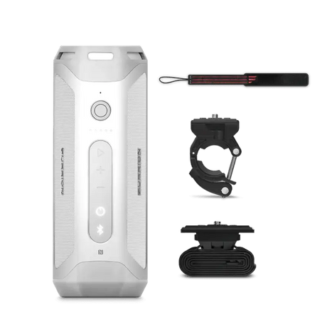 White portable Bluetooth speaker with strap and mounting accessories for easy listening