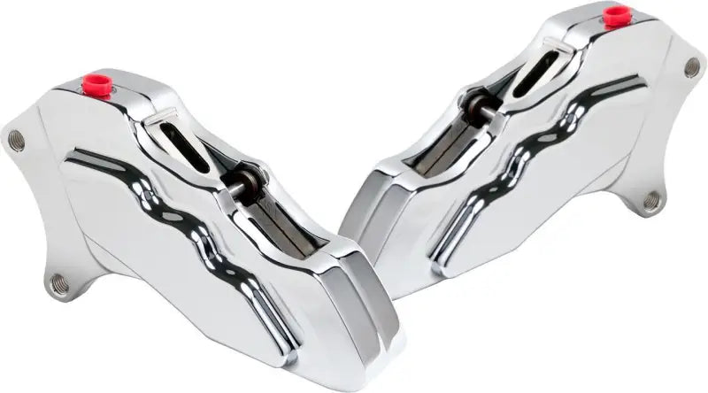 Shiny chrome motorcycle brake calipers with red bleed nipples for FCK-F14CS-FR-S Hawg Halters forward controls