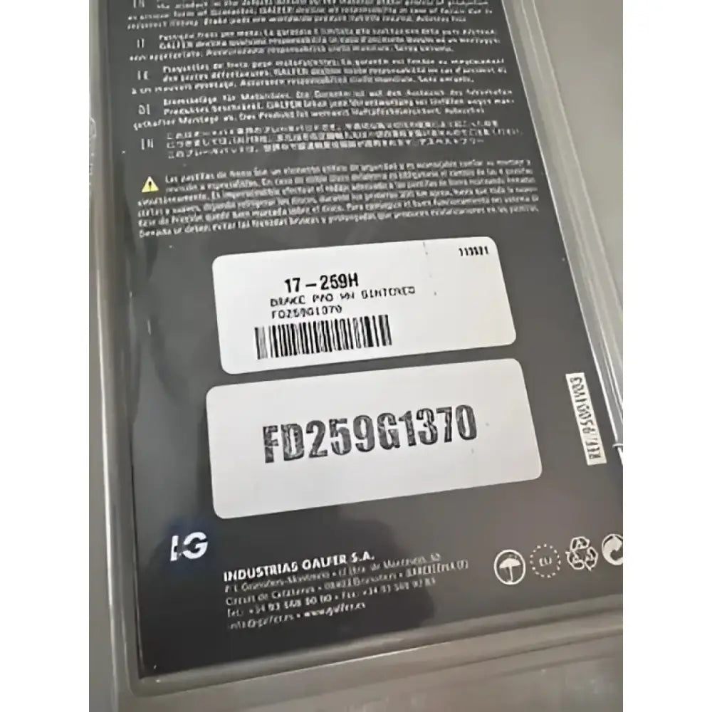Image of FD259G1370 Galfer brake pad package labeled HH Sintered with product numbers