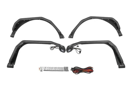 FDJL-06 DV8 Spec Series Fender for 2018-2023 Wrangler JL, shown with mounting hardware and wiring harness.