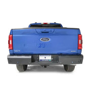 Blue Ford pickup truck with Fab Fours Red steel rear bumper accessory