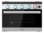 FGR21G3A1-SG Furrion 3-burner all-glass cooktop with LED knobs and stainless steel finish.