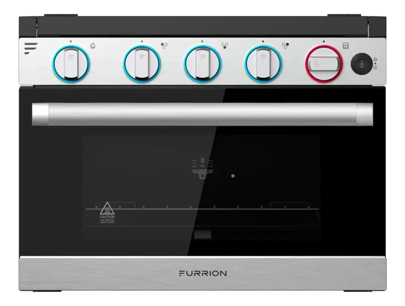 FGR21G3A1-SG Furrion 3-burner all-glass cooktop with LED knobs and stainless steel finish.