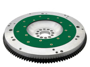 Performance aluminum flywheel for Toyota Corolla with green friction surface and gear teeth