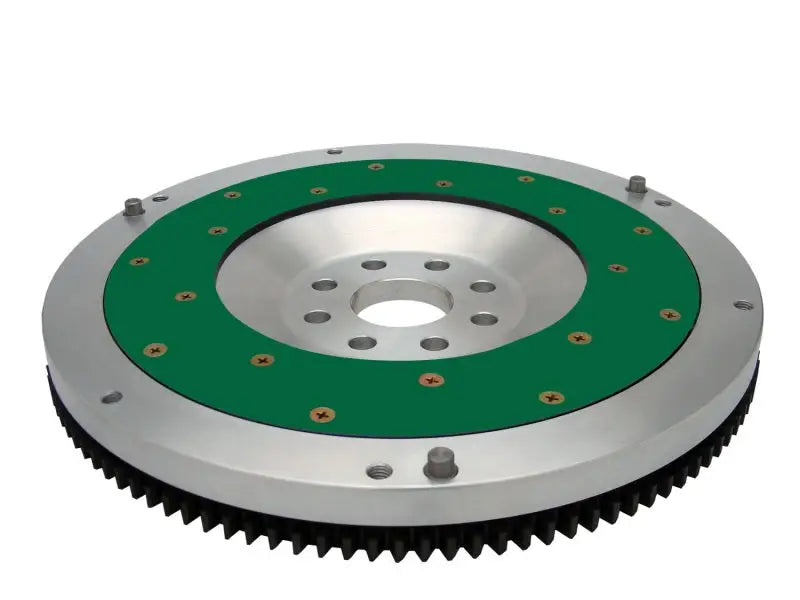 Silver and green aluminum flywheel with gear teeth for Supra 3.0L NT replaceable friction plate