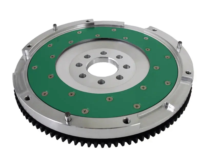 Fidanza aluminum flywheel with green friction surface and black ring gear for Mitsu Eclipse