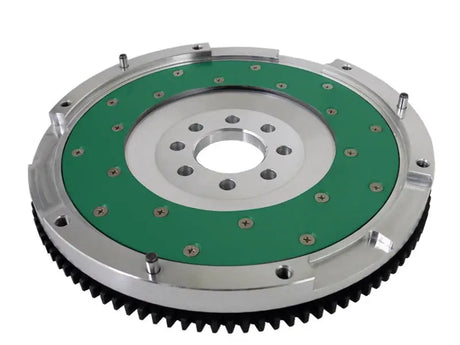 Silver and green Fidanza aluminum flywheel with black ring gear for Mitsubishi Eclipse