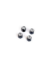 Four black Fifteen52 valve stem caps with white logo for tire valve stem upgrade