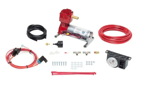 Firestone Air-Rite Air Command I Heavy Duty Air Compressor System w/Single Analog Gauge (WR17602097) components laid out against a white background, including compressor, hoses, wires, connectors, and gauge.