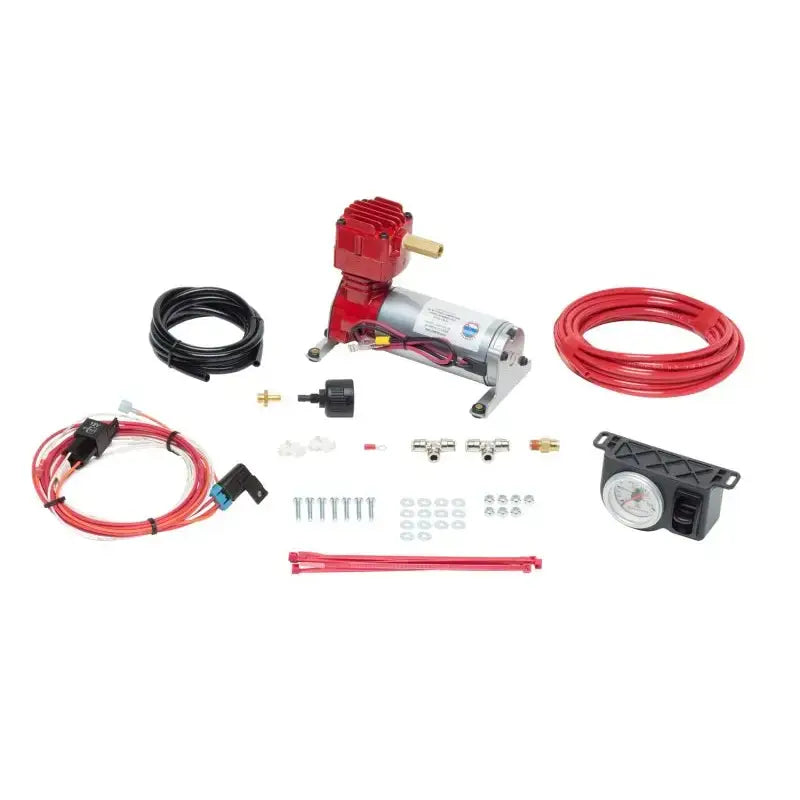Firestone Air-Rite Air Command I Heavy Duty Air Compressor System w/Single Analog Gauge (WR17602097) components laid out against a white background, including compressor, hoses, wires, connectors, and gauge.
