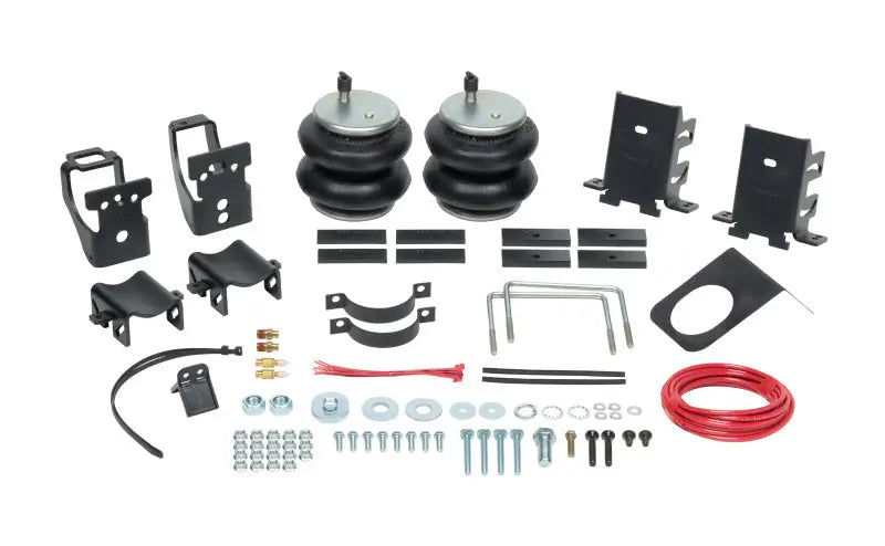Firestone Ride-Rite Air Helper Spring Kit Rear for 2011-2013 Ford F450 2WD/4WD (W217602597) with components including air helper springs, supports, hardware, air line, and inflation valves displayed.