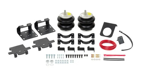 Firestone Ride-Rite Air Helper Spring Kit Rear Chevy/GMC HD 2500/3500 components with brackets, air helper springs, hardware, air line, and inflation valves.