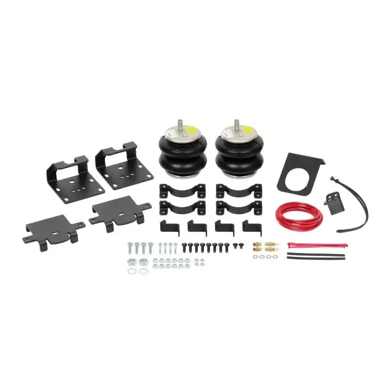 Firestone Ride-Rite Air Helper Spring Kit Rear Chevy/GMC HD 2500/3500, W217602613 Components including brackets, air helper springs, hardware, air line, and inflation valves.