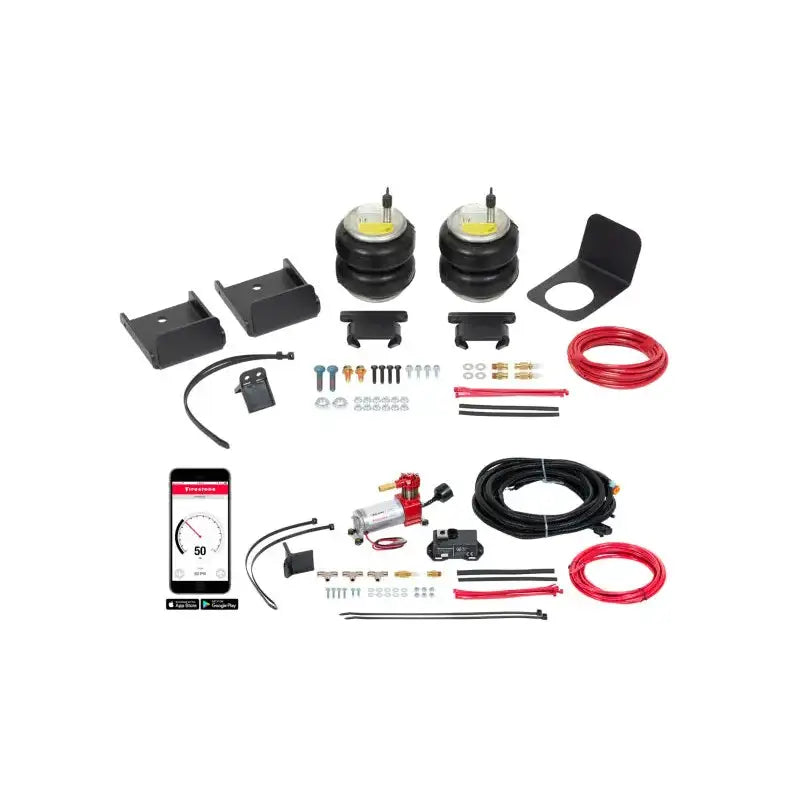 Firestone Ride-Rite Air Spring Kit Rear 2019 GMC Sierra 1500 components with air helper springs, supports, hardware, air line, and inflation valves.