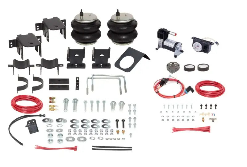 Firestone Ride-Rite All-In-One Analog Kit 11-13 Ford F450 2WD/4WD product components including air springs, compressor, air lines, and fittings.