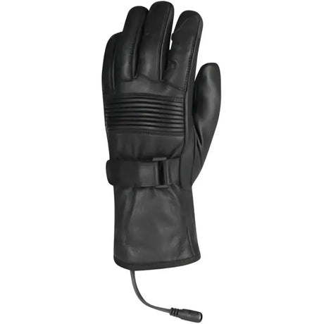 Black leather FIRSTGEAR Heated Rider iTouch Gloves with wrist strap for cold rides