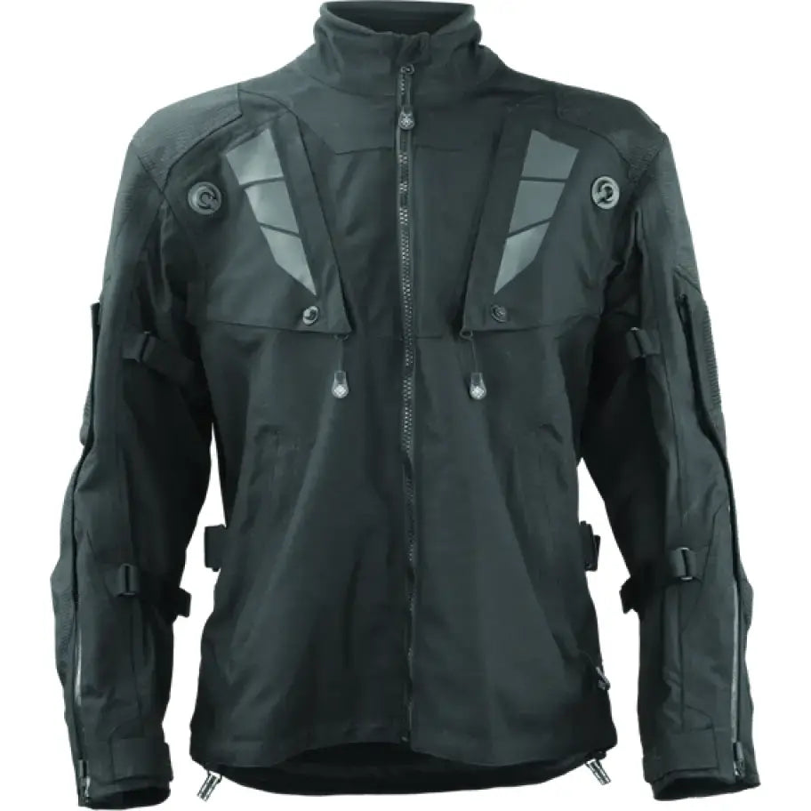 Black FIRSTGEAR Rogue XC Pro Jacket with reflective accents and adjustable straps