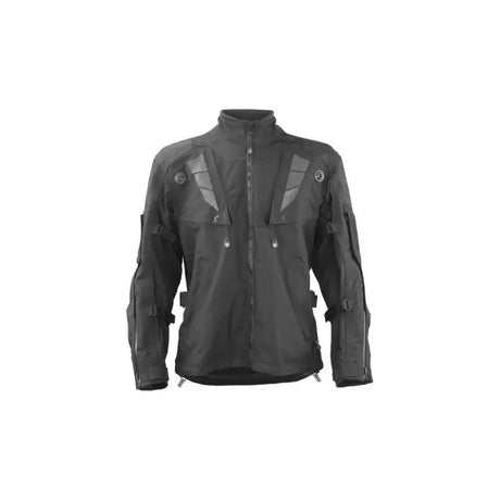 Black textile motorcycle jacket with adjustable vents and straps, FIRSTGEAR Rogue XC Pro