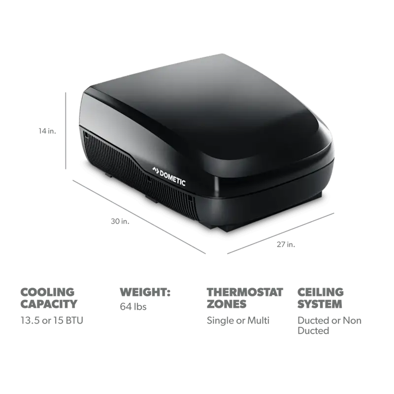 FJX3573MBKAS Dometic Freshjetx 15K-Mech Val Blk offers powerful climate control with 15K BTU cooling capacity.