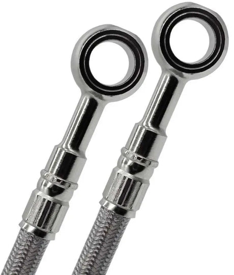 Two stainless steel braided FK003D186R brakelines with banjo fittings for ZX6R 98-02