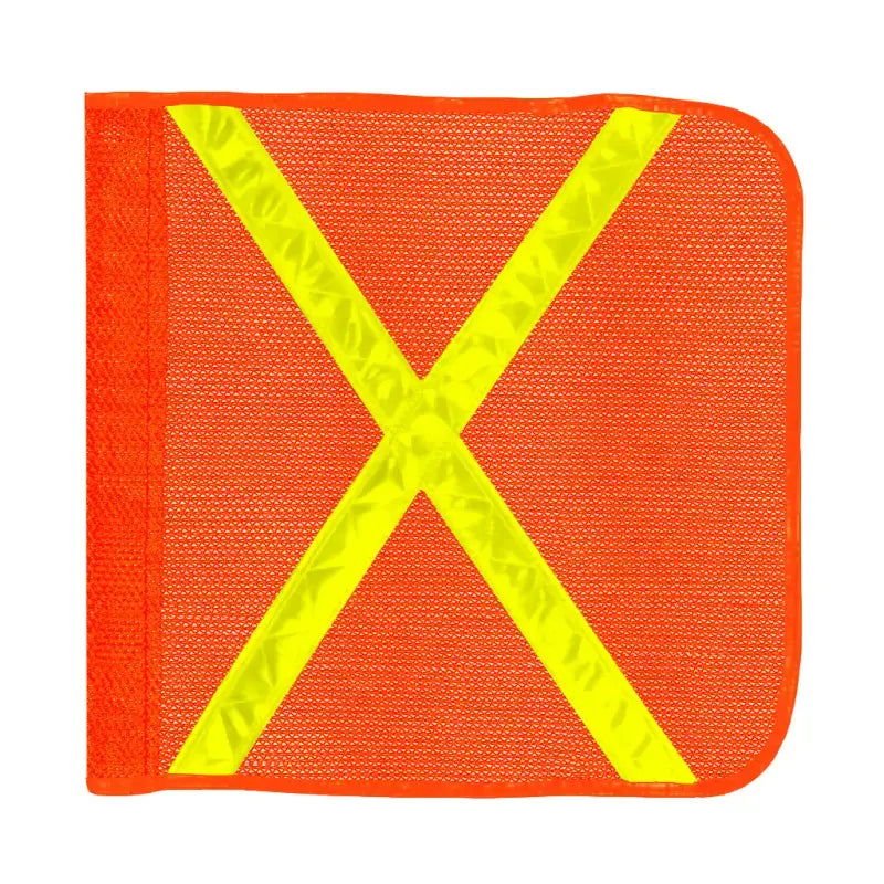 Heavy duty orange mesh safety flag with yellow reflective X for industry use