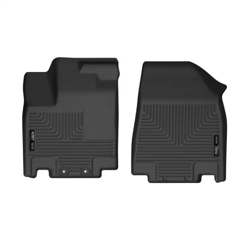 Black thermoplastic elastomer floor liners, molded fit with raised ridge design; 2 piece set by Husky Liners X-act Contour.