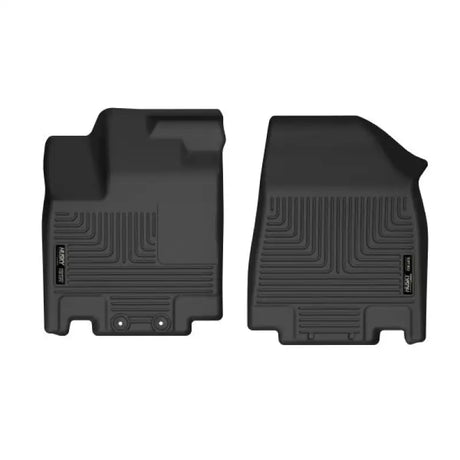 Black thermoplastic elastomer floor liners, molded fit with raised ridge design; 2 piece set by Husky Liners X-act Contour.