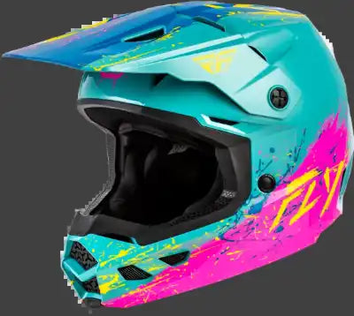 Fly racing full face helmet with vibrant blue, pink and yellow splatter design.