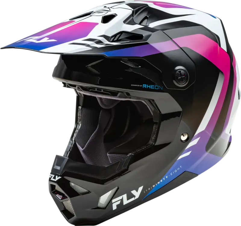 Black full-face Fly Racing helmet with colorful pink purple blue gradient for helmet tree header