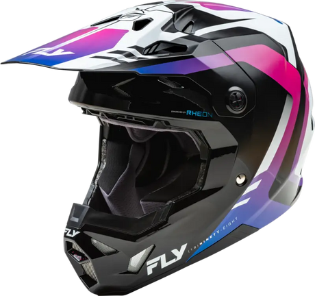 Black full-face Fly Racing helmet with colorful pink purple blue gradient for helmet tree header