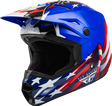 Blue, red, and white American flag-themed Fly Racing helmet tree header for helmet tree display